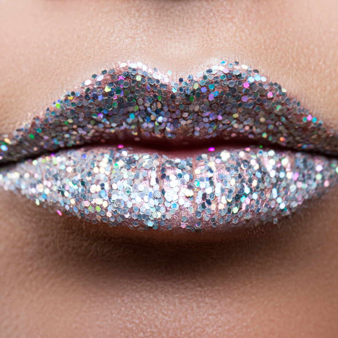 Silver glitter on close up lips, silver glitter lipstick