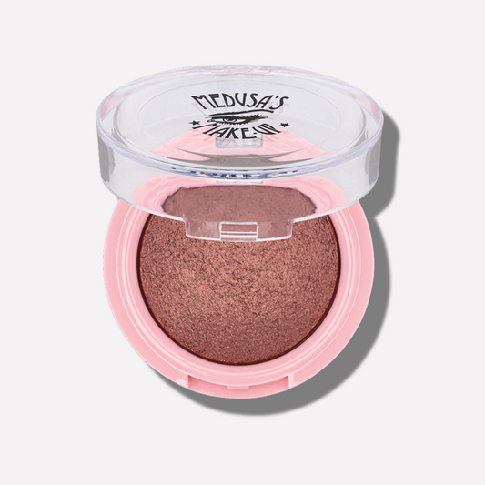 Makeup compact with pink case and brown powder, branded 'Medusa's Makeup', on a white background - Baked Eyeshadow - My Bad