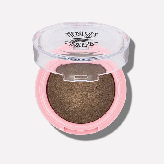 Compact makeup with brown powder and pink casing on a white background - Baked Eyeshadow - As If