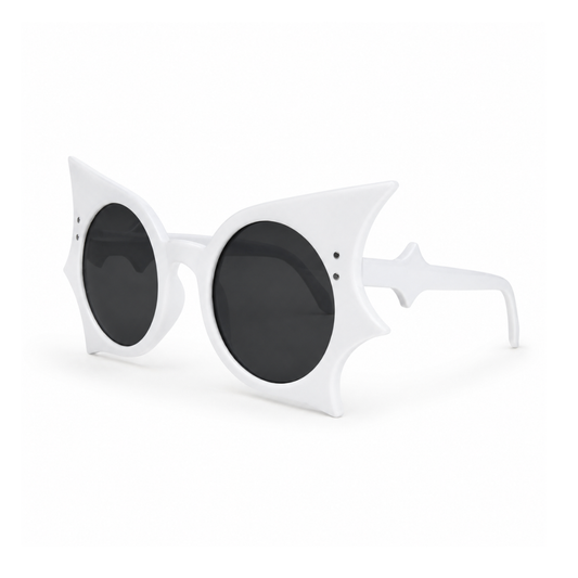 White cat-eye sunglasses with black lenses on a white background