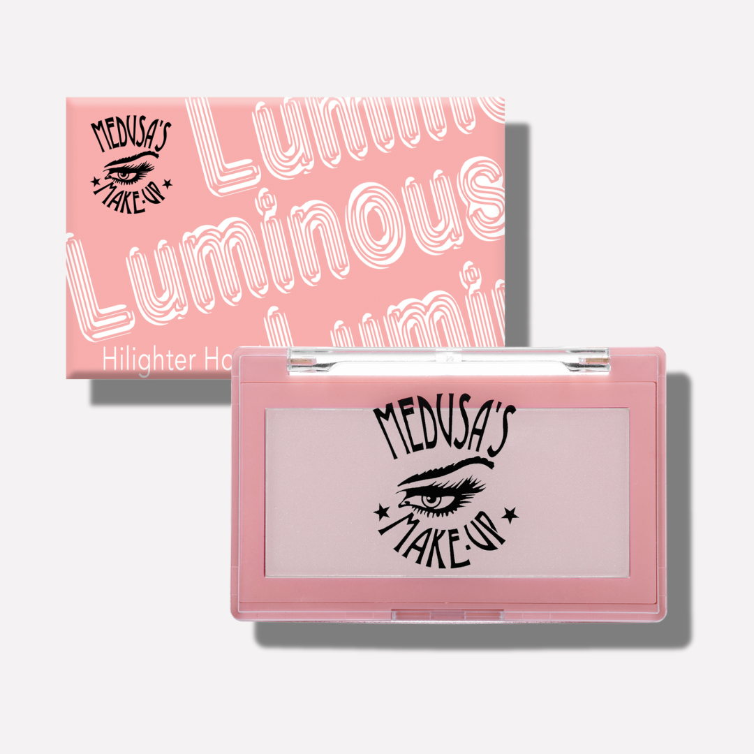 Pink highlighter palette with 'Medusas Make Up' branding on a white background