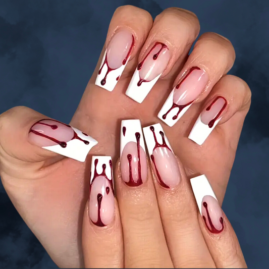 24 Piece Press-on Nails - White Tips Drippy Blood
