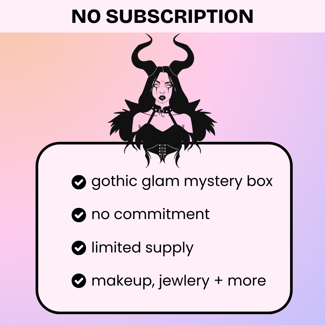 Gothic glam mystery box promotion with a character and benefits listed on a gradient background.