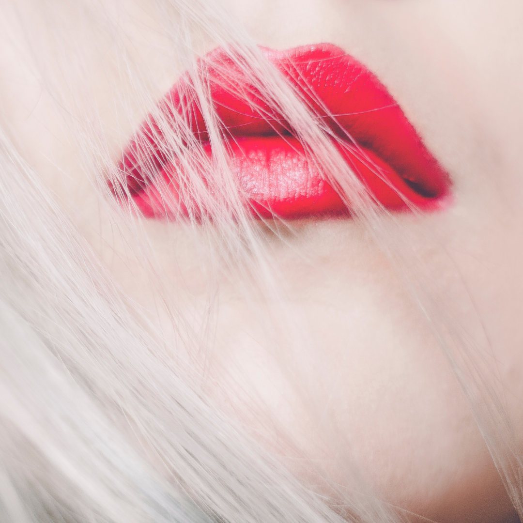 red lips, blond hair