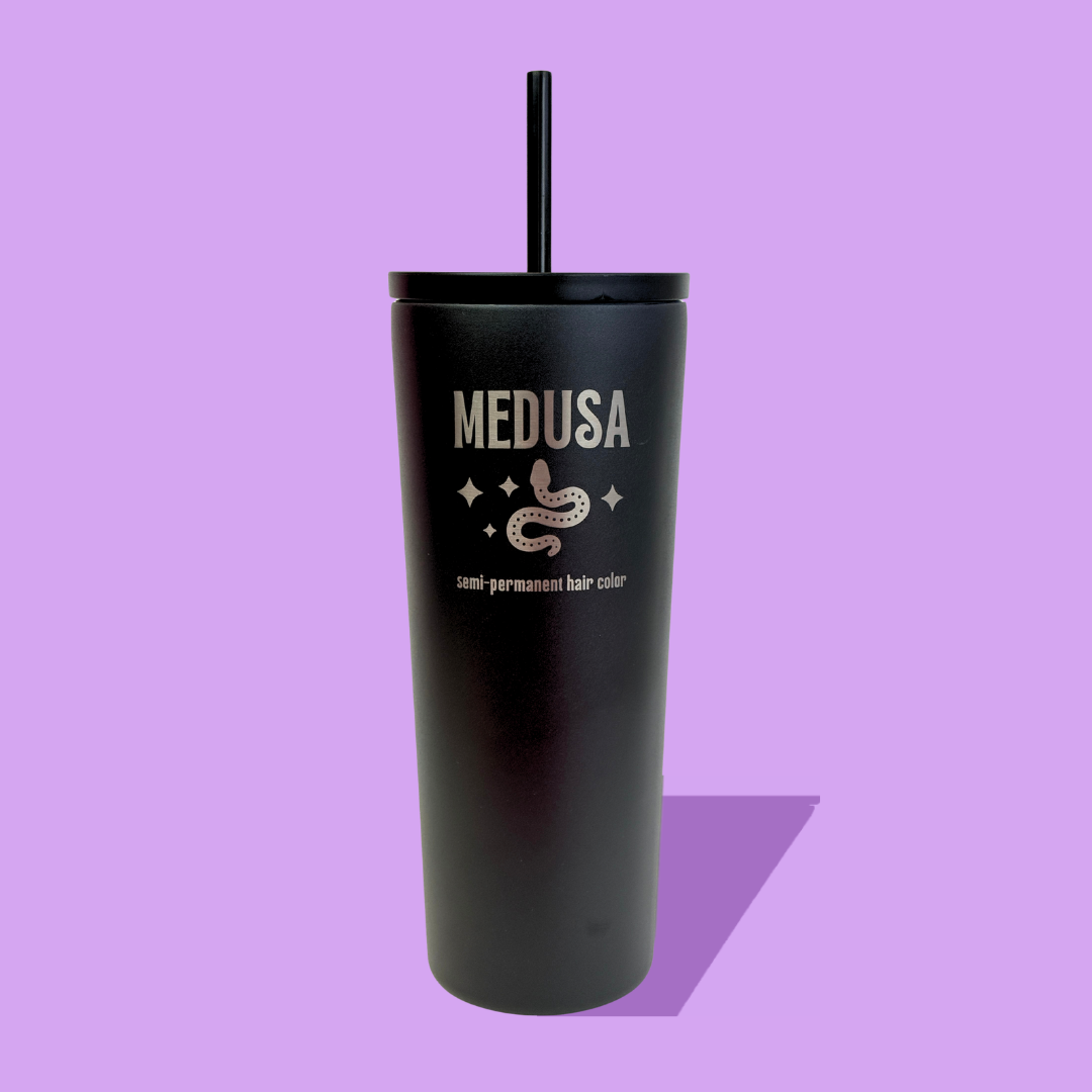 Black tumbler with 'MEDUSA' and snake logo on a purple background