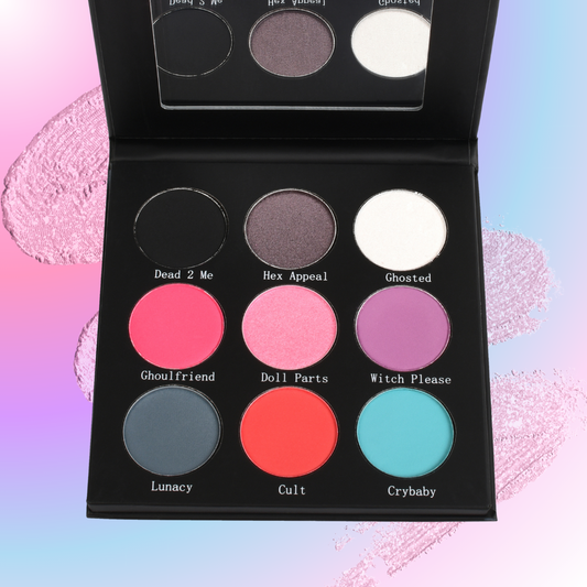 Makeup eyeshadow palette with labeled colors on a colorful background