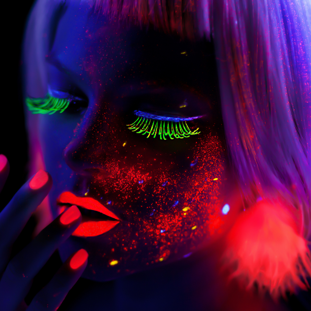 model wearing uv neon makeup under a black light