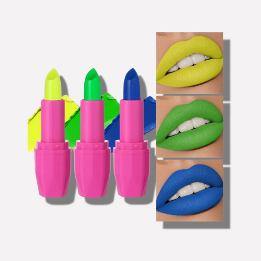 Three colorful lipsticks in pink, green, and blue with corresponding lipstick colors on lips.