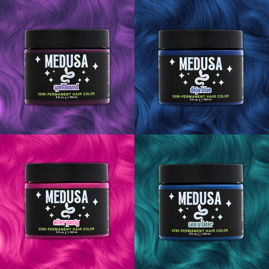 Four jars of Medusa hair color with different colored hair backgrounds.