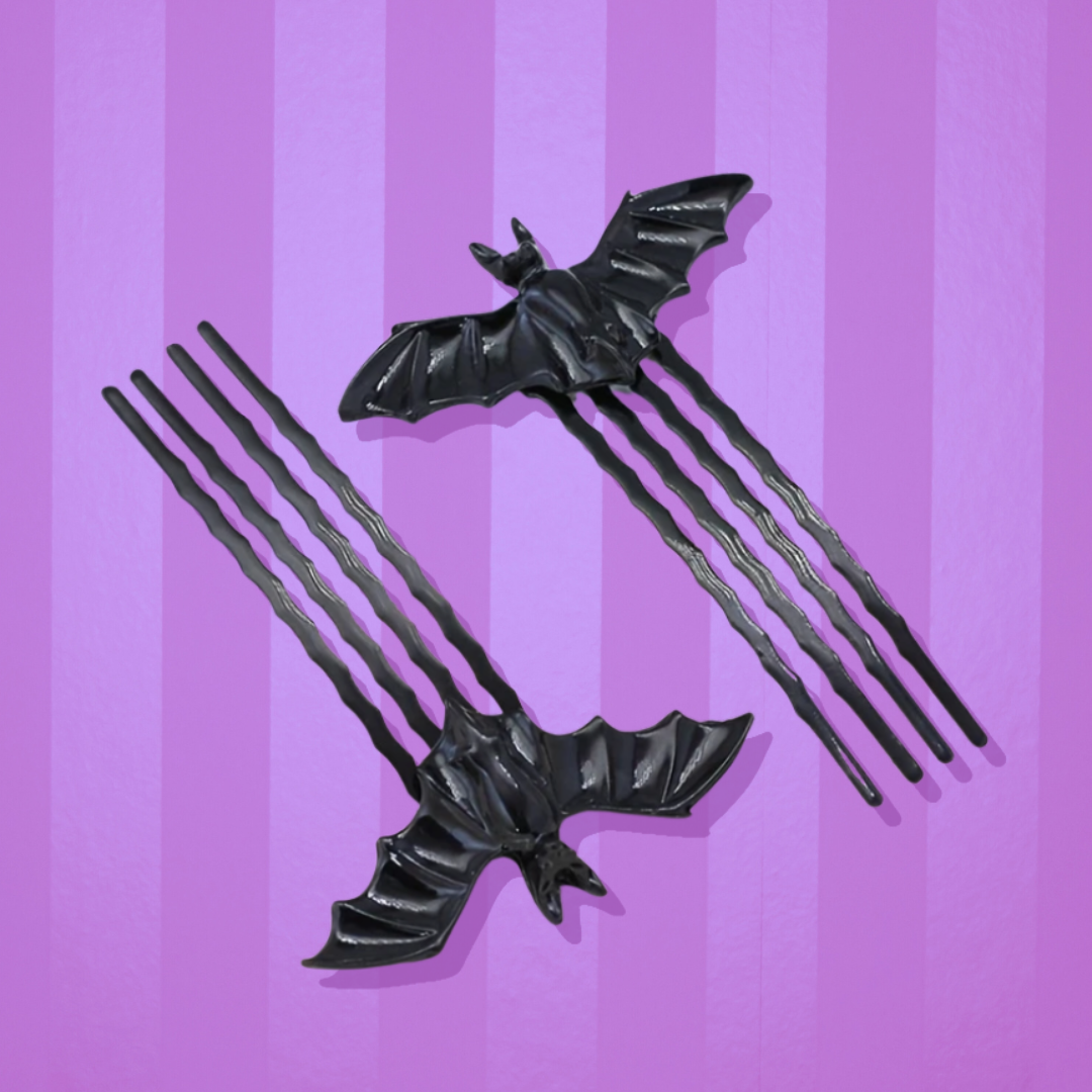 Gothic pair of black bat hair combs