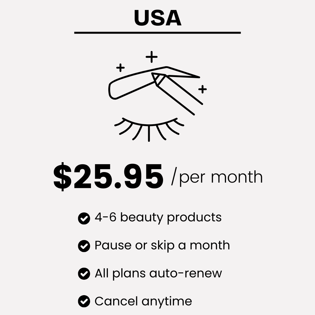 Subscription plan details for beauty products with a price of $25.95 per month on a white background.