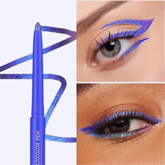 A periwinkle duochrome eyeliner pen with a blue cap, shown with a swatch of the color applied to the eyelid.