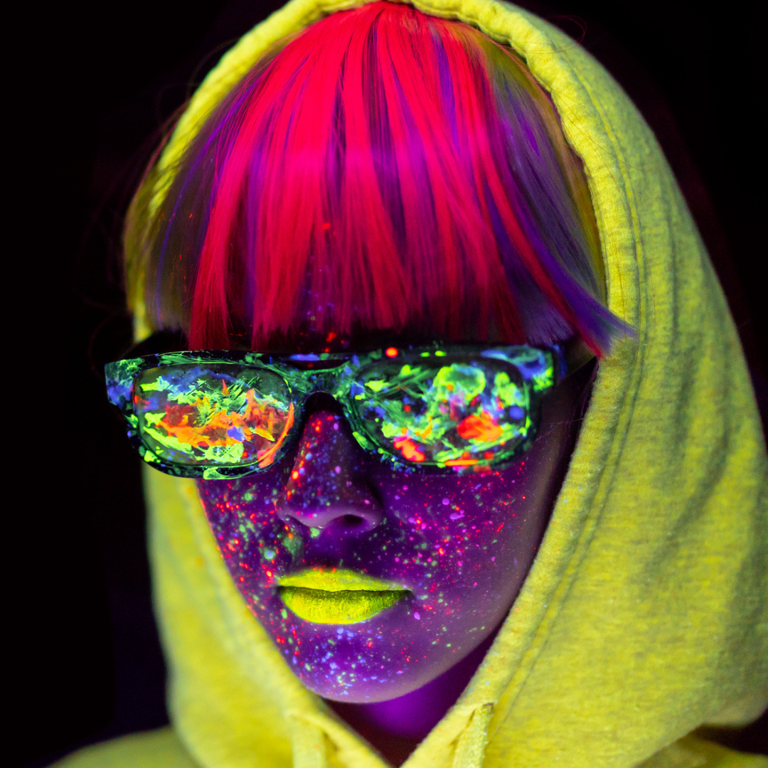 Model wearing neon clothes, neon hair, neon makeup, neon lipstick