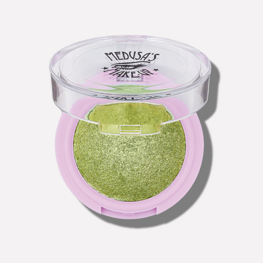 Green eyeshadow compact with pink case and 'Medusa's Makeup' branding on a white background - Baked Eyeshadow - Envy