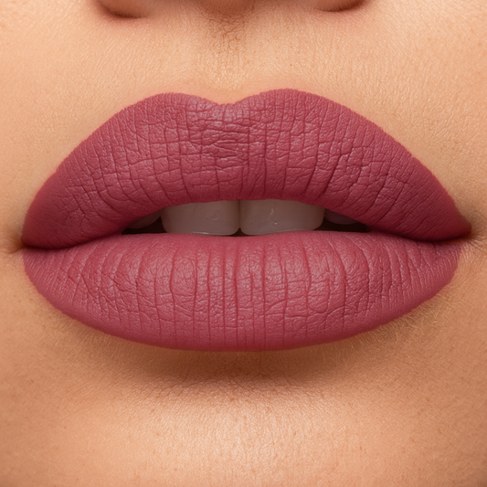 Close-up of a person wearing a pink lipstick on a beige background