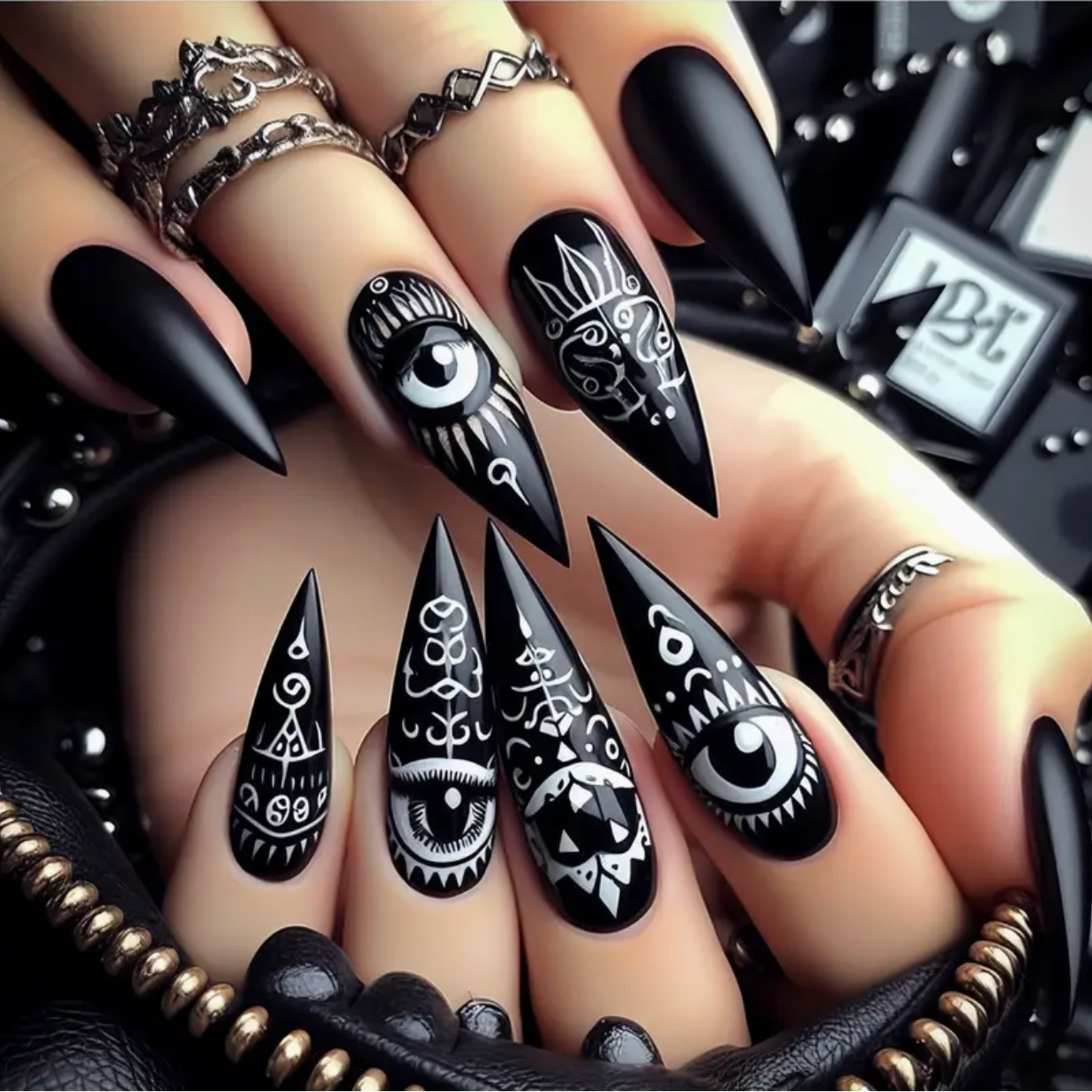 Black stiletto nails with intricate white designs on a hand wearing multiple rings.