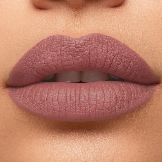 Close-up of a person wearing a mauve lipstick on a neutral background
