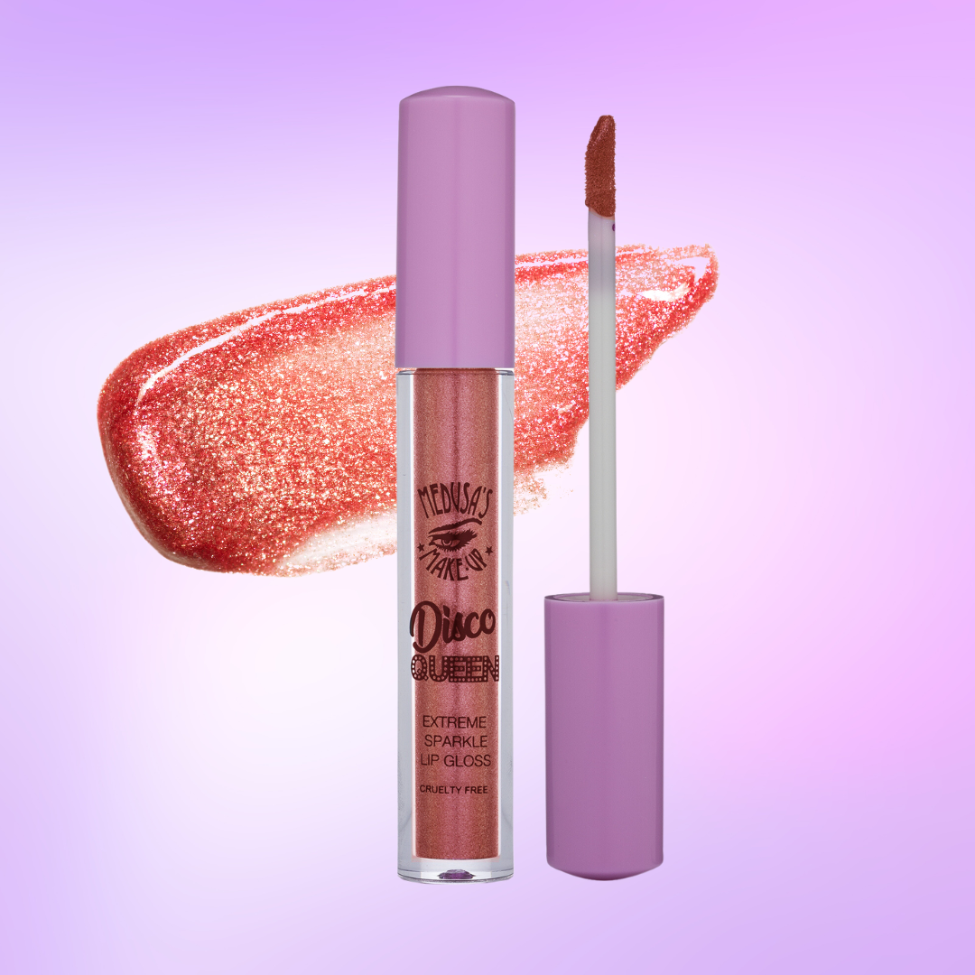 Disco Queen lip gloss in color boogie nights with swatch on a purple background.