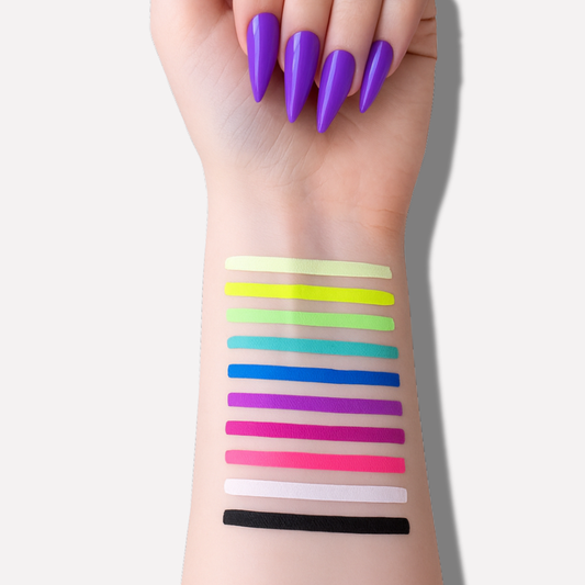 Color swatches on a person's arm with various bright colors.