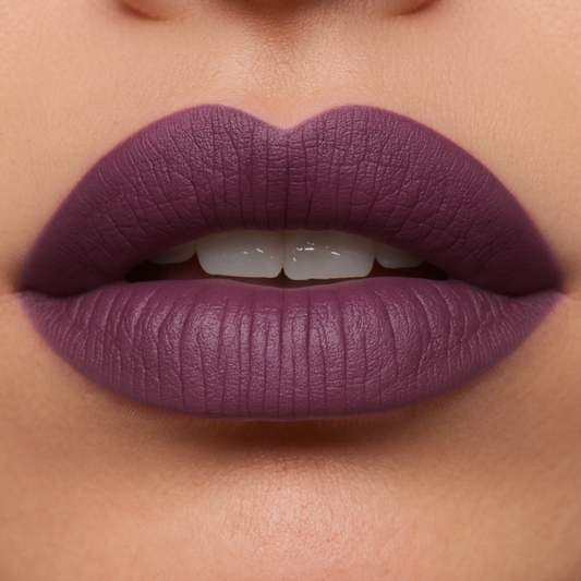 Close-up of a person wearing a deep purple lipstick on a neutral background
