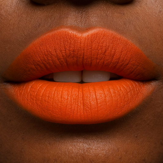 Close-up of a person's lips with bright orange lipstick on a brown background