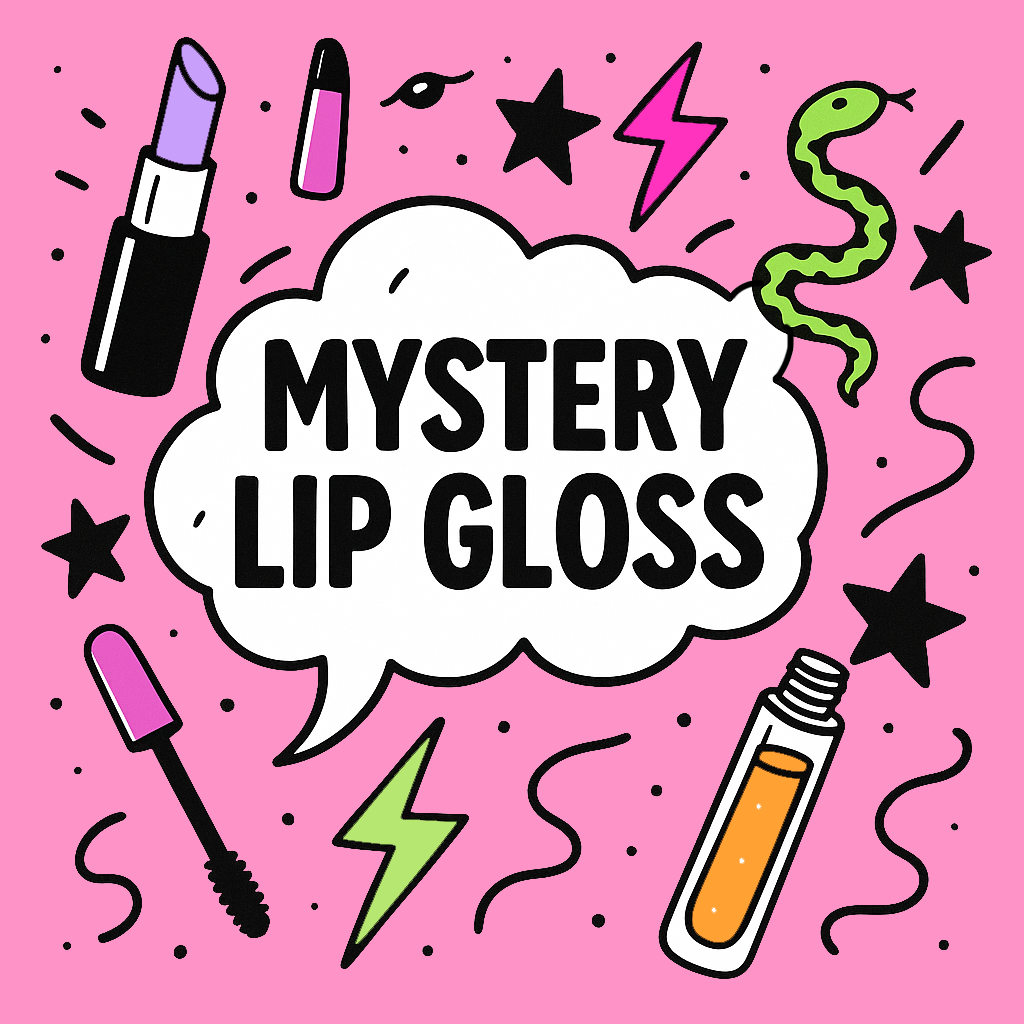 Illustration of lip gloss and makeup items on a pink background with 'Mystery Lip Gloss' text.