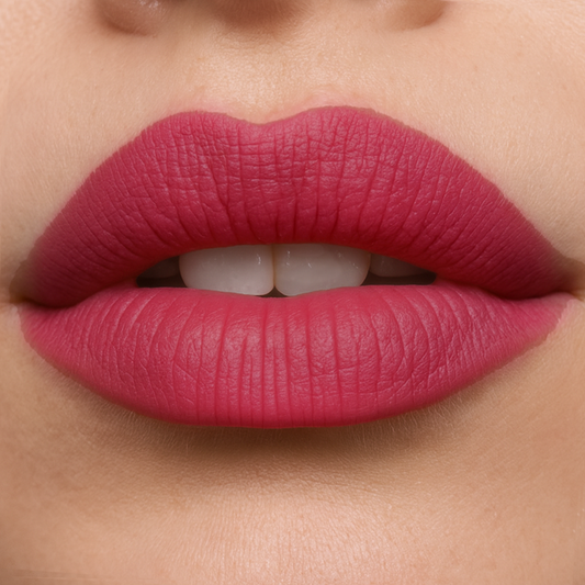 Close-up of a person wearing bright pink lipstick on a neutral background