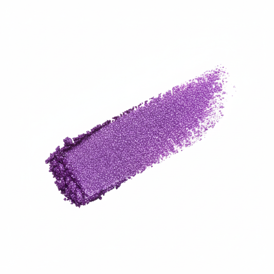 Purple glittery makeup swatch on a white background