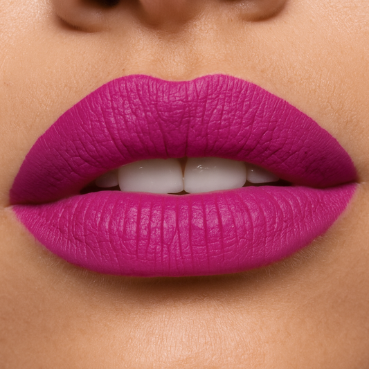 Close-up of a person wearing bright pink lipstick on a neutral background
