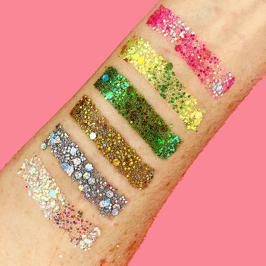 Swatch of all 6 colors of Glittergasm