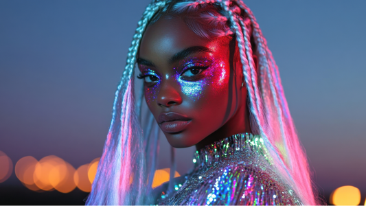 model with white braids and glitter under her eyes