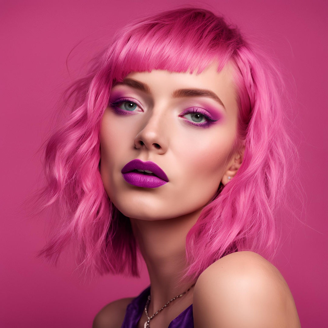 pink haired woman with pink eyeshadow and hot pink lipstick