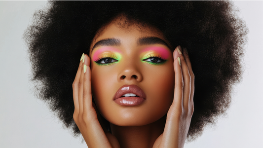 woman with dark skin and afro and bright pink and green eyeshadow