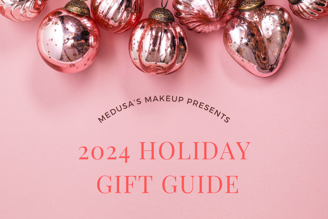 Holiday Gift Guide Title photo with pink background and ornaments