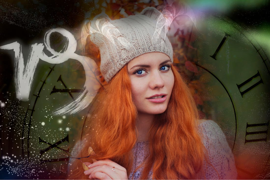 woman with orange hair and a beanie surrounded by zodiac symbols