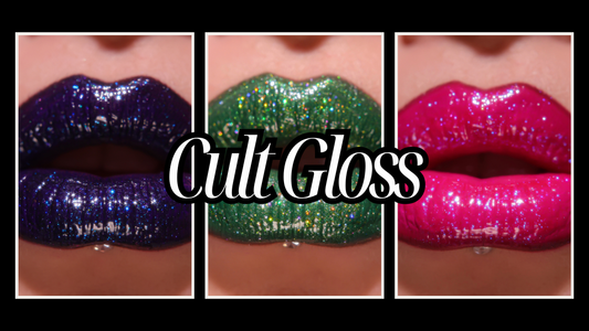three cult glosses shown on a model, with the title "cult gloss" overlaid on top