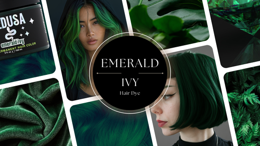 Collage of emerald ivy green hair and emerald green photos