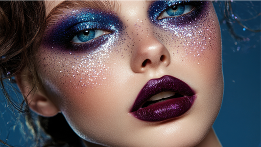 model wearing blue and silver glitter makeup with dark purple lipstick