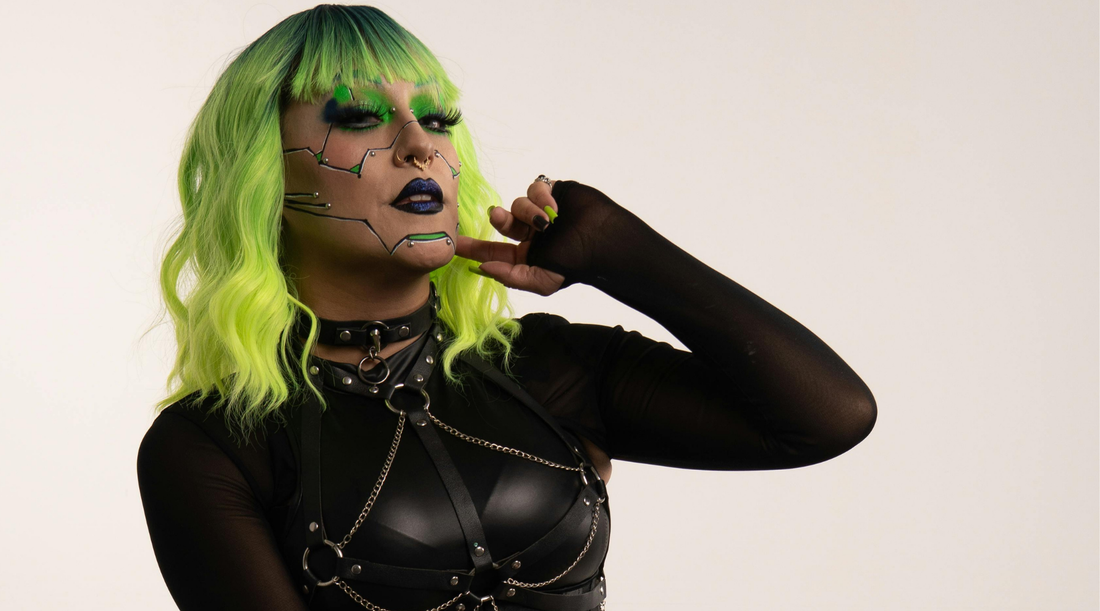 gothic woman with bright green hair