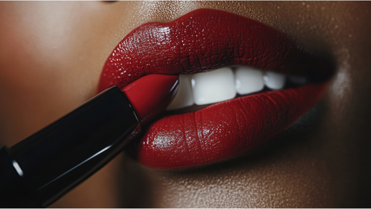 woman applying red lipstick