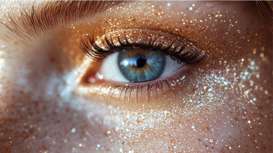a close up of an eye with orange glitter makeup all over the eyelids 