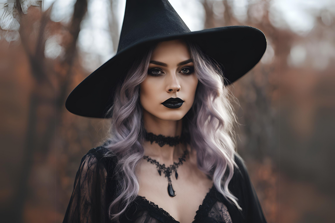 witchy woman with silver hair wearing a black witch hat