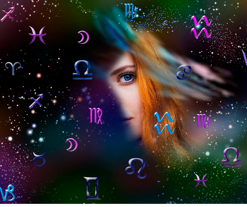 redheaded model half veiled by zodiac signs and constellations around her 