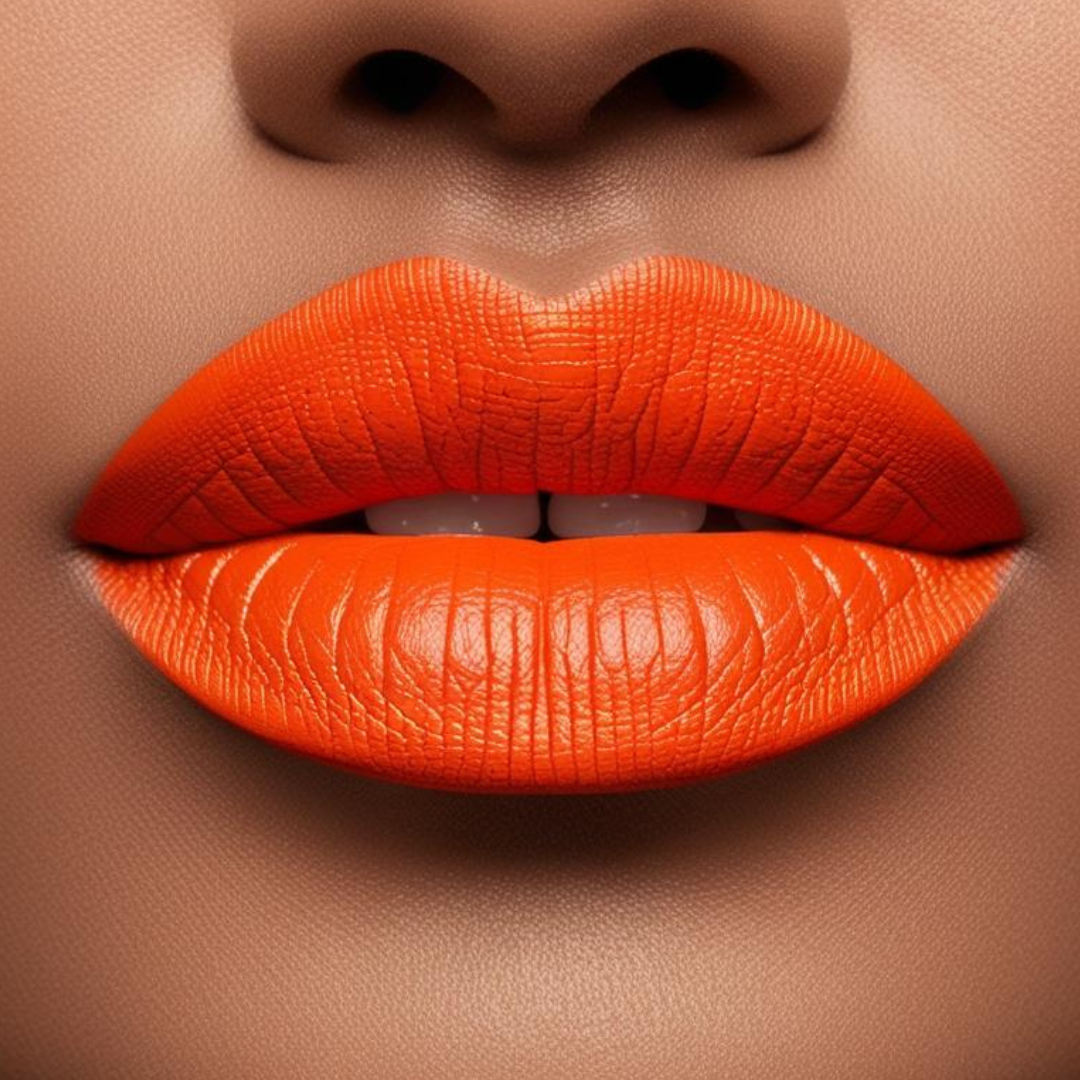 Close up model lips wearing forevermore in orange