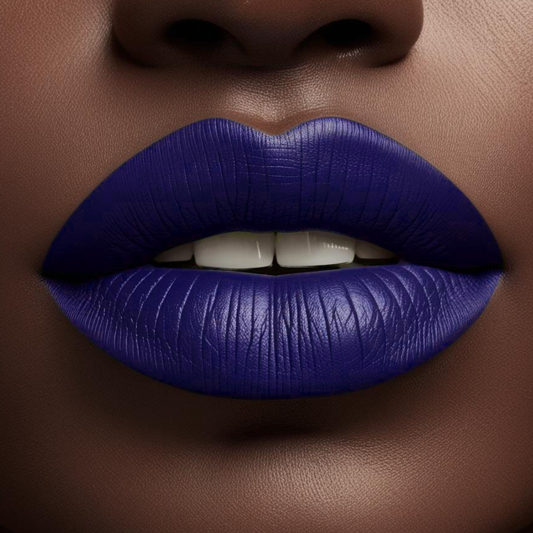 Close up model lips wearing forevermore in blue