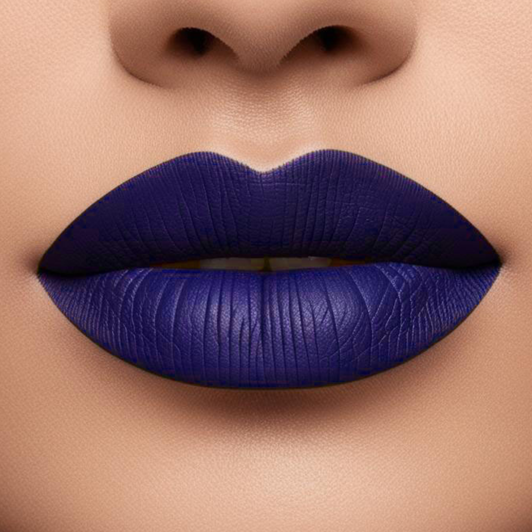 Close up model lips wearing forevermore in blue