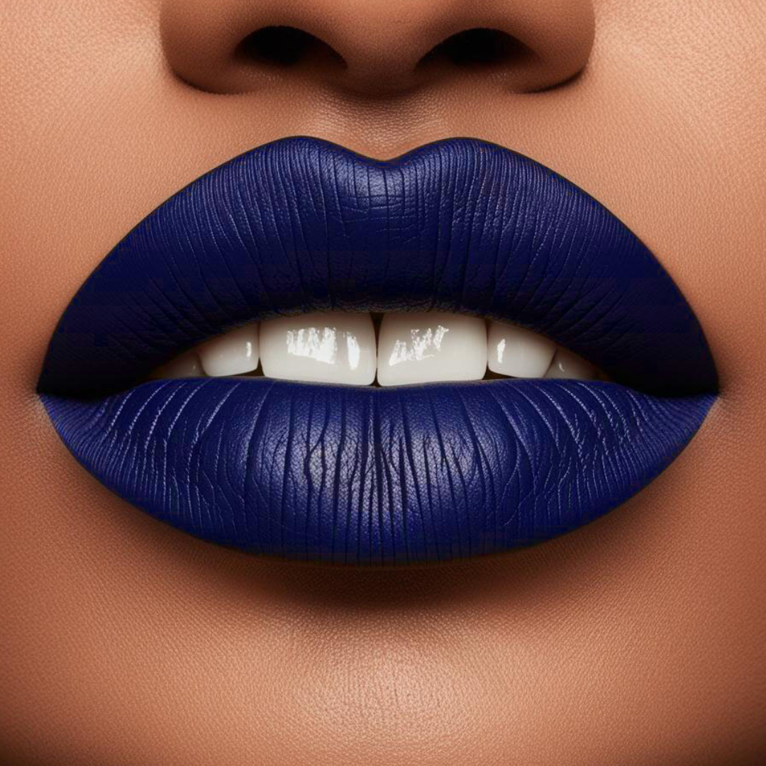 Close up model lips wearing forevermore in blue