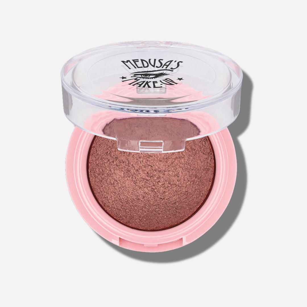 Makeup compact with pink case and brown powder, branded 'Medusa's Makeup', on a white background - Baked Eyeshadow - My Bad