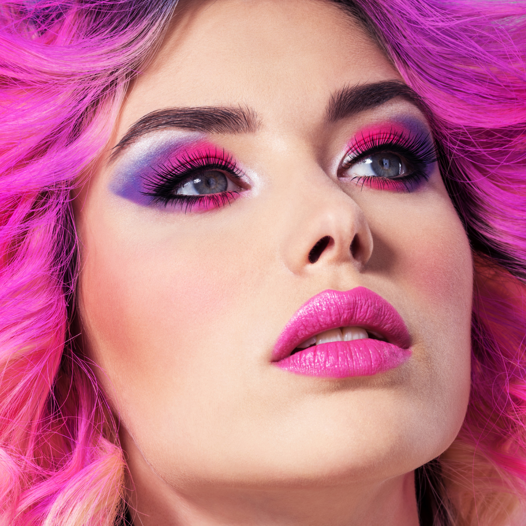 Beautiful, pink hair model, wearing shimmer eye dust pigment eyeshadow.