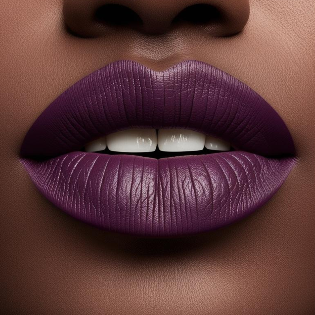 Close up model lips wearing forevermore in purple